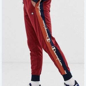Champion Burgundy Track Pants with Navy and Orange Accents